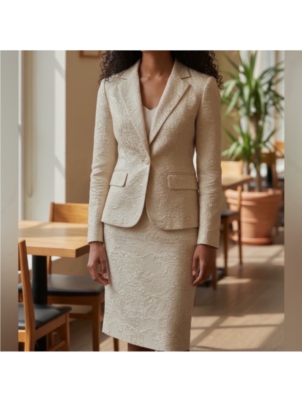 Perceptions Women’s Gorgeous Gold Textured Ponte Blazer and Skirt Suit Set
